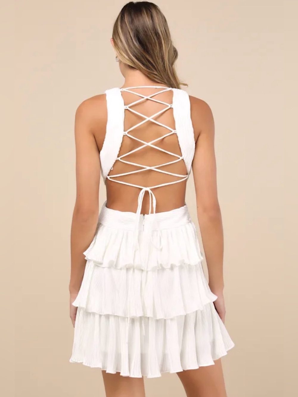 Lulu's White Lace-Up Back Tiered Mini Dress